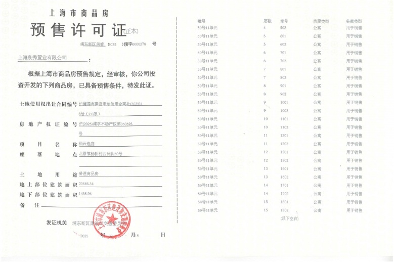 绿城上海逸庐预售许可证