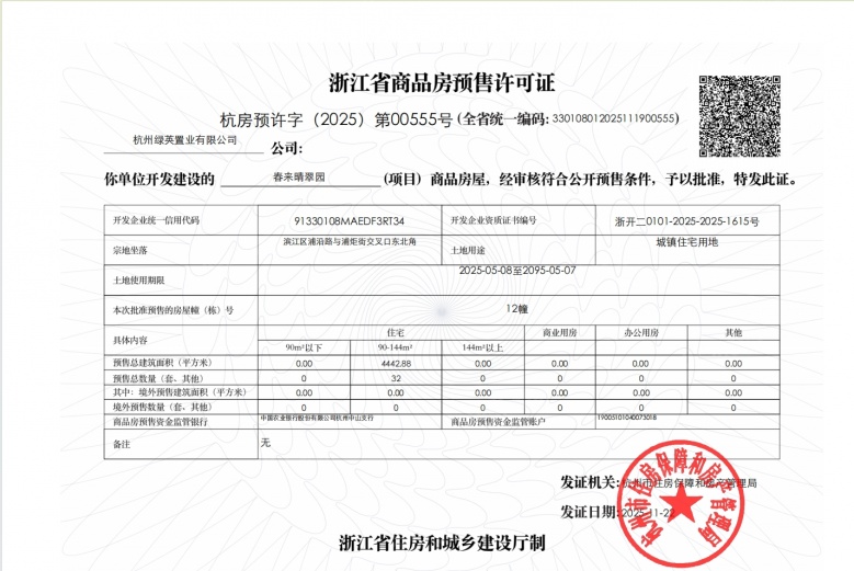 春来晴翠预售许可证