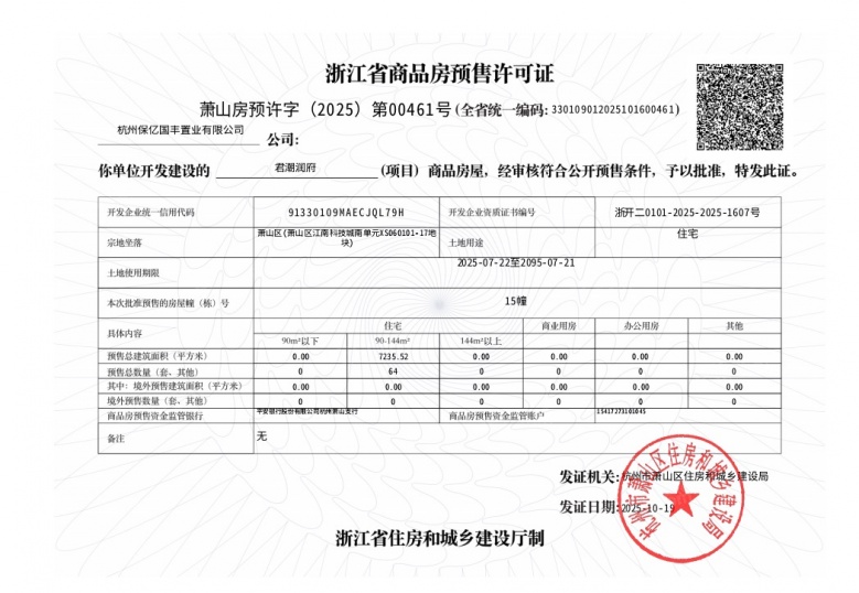 君潮润府预售许可证