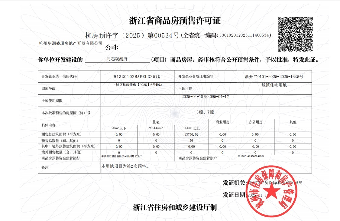 华润置地·元起观潮府预售许可证