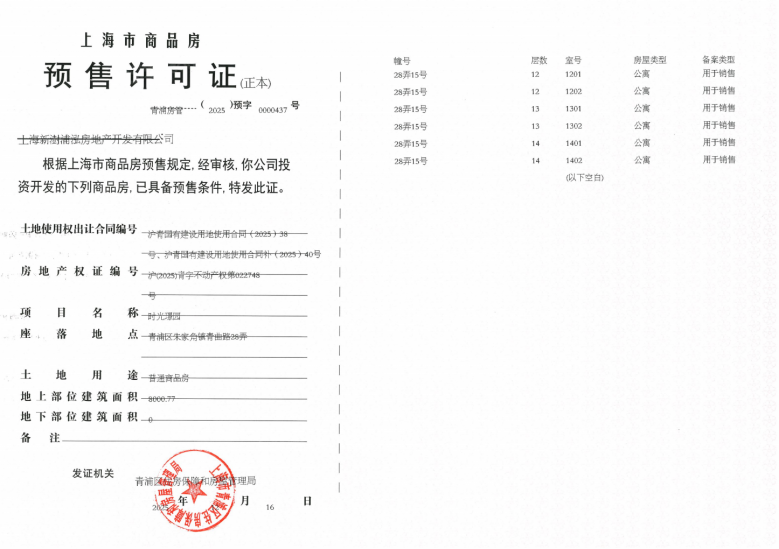 联发时光新澍预售许可证