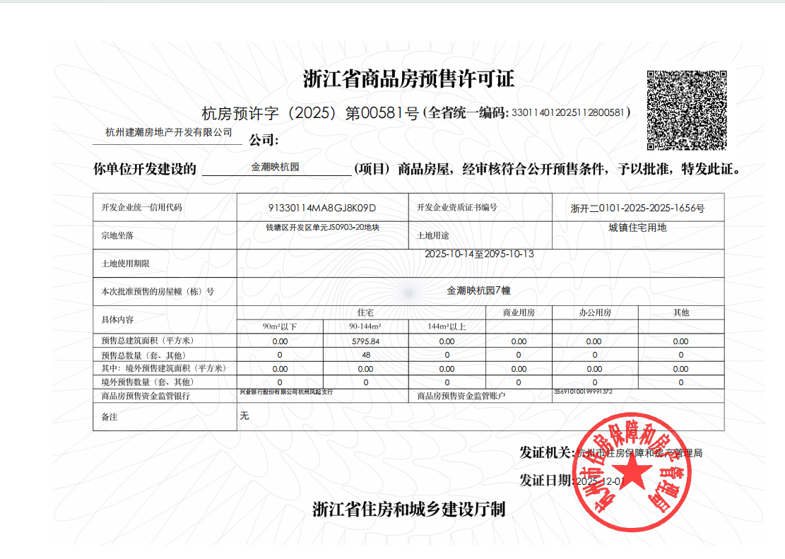 潮映杭园预售许可证