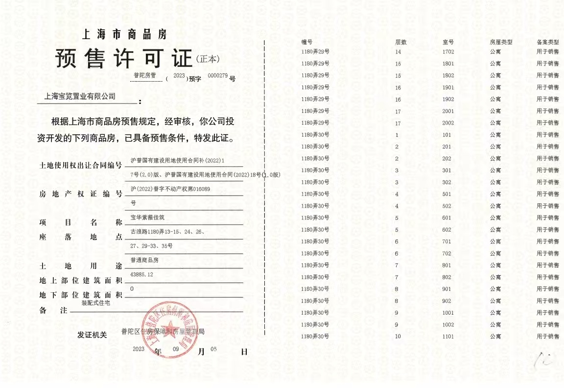 宝华紫薇花园预售许可证
