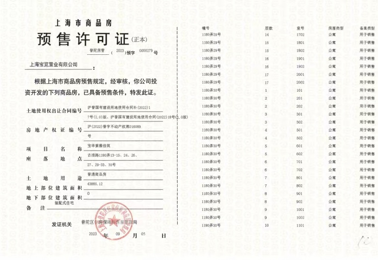 宝华紫薇花园预售许可证