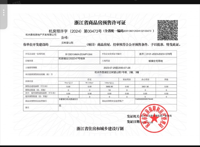 云树望山院预售许可证