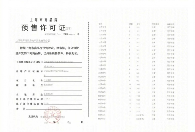 联发金海雲墅预售许可证