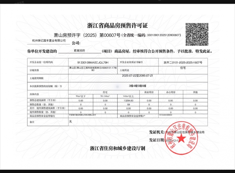 君潮润府预售许可证