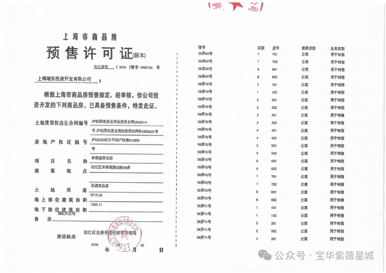 宝华紫薇星城预售许可证