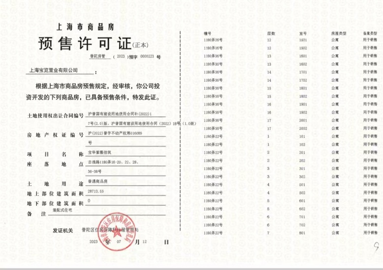宝华紫薇花园预售许可证
