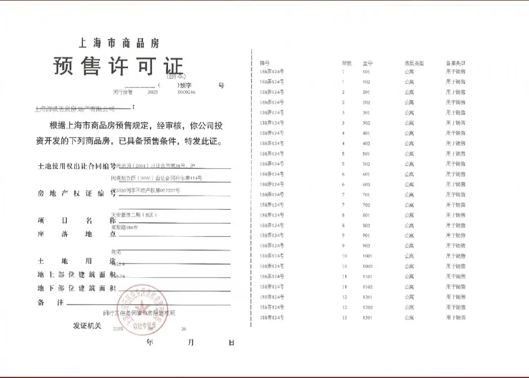 天安1号预售许可证