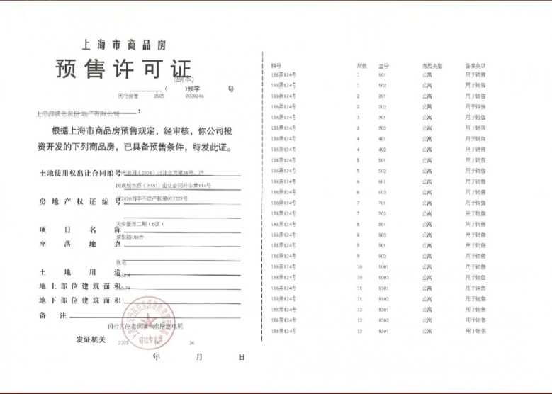 天安1号预售许可证