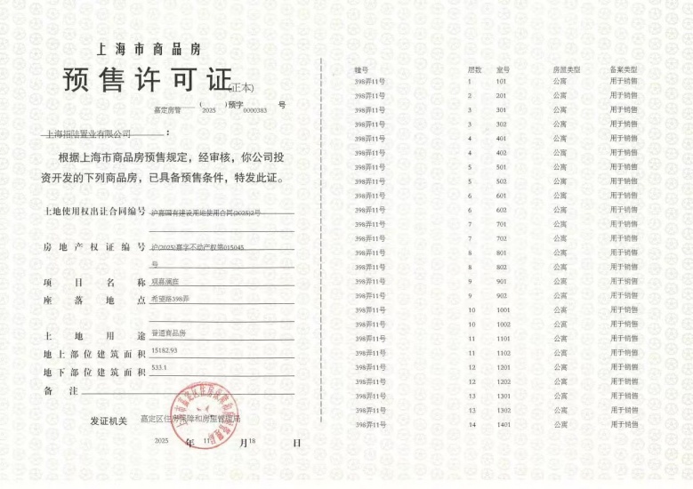 招商林屿湖畔预售许可证