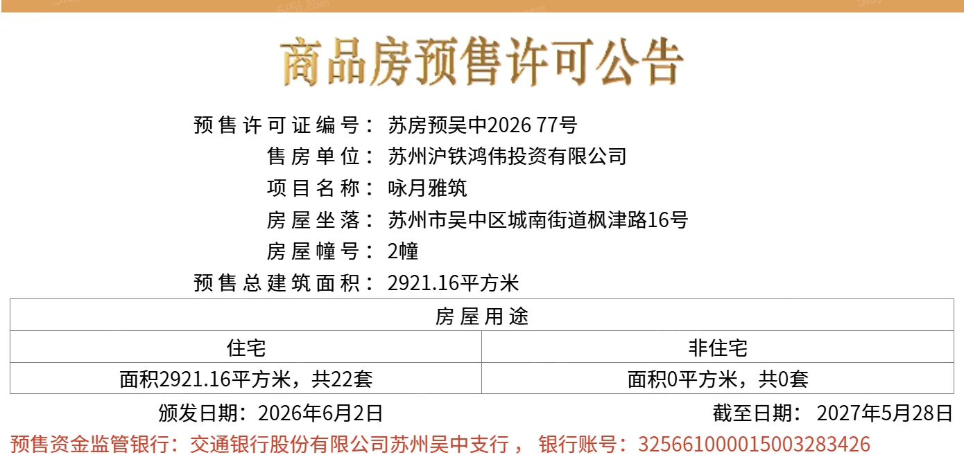 中铁咏月台预售许可证