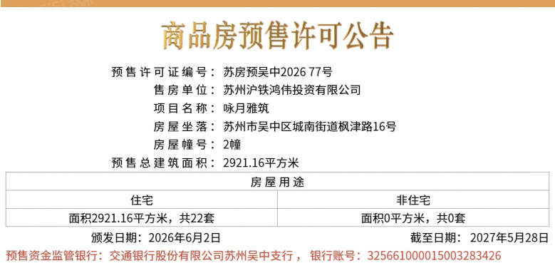 中铁咏月台预售许可证