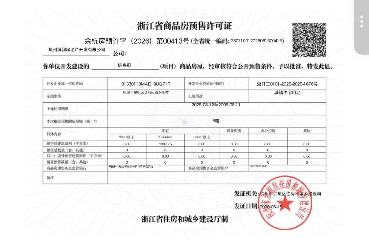 咏舟府预售许可证