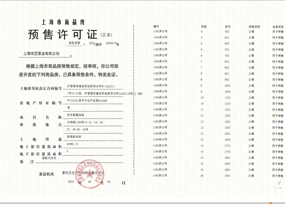 宝华紫薇花园预售许可证