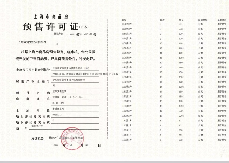 宝华紫薇花园预售许可证