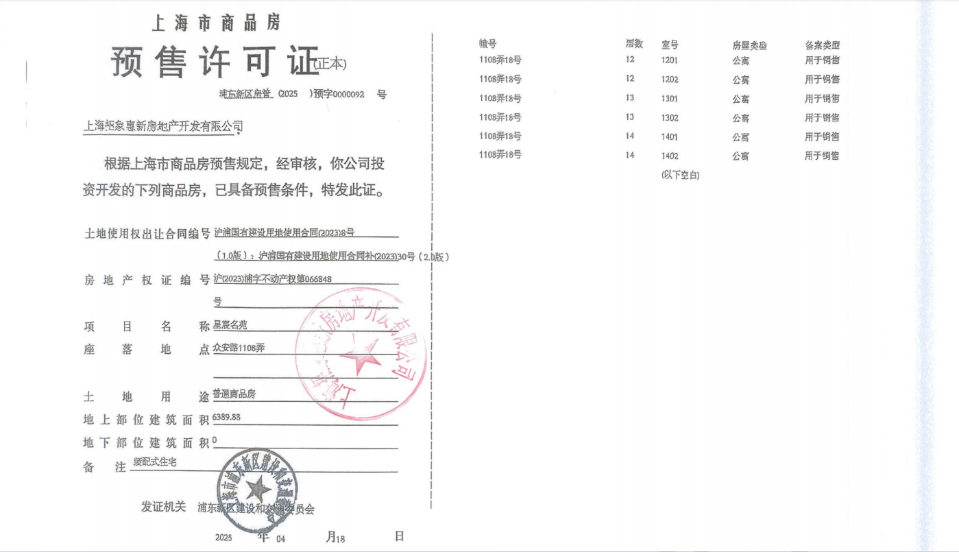 新场星耀翠湾预售许可证
