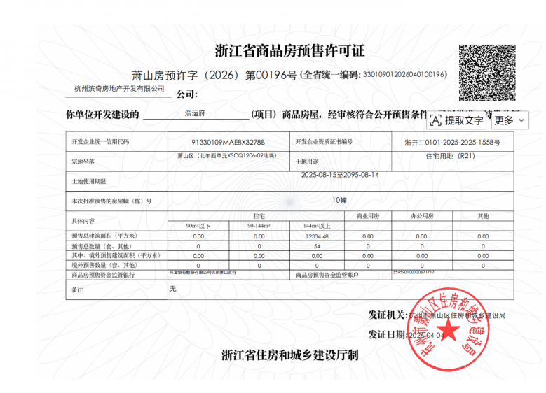 滨江浩运府预售许可证