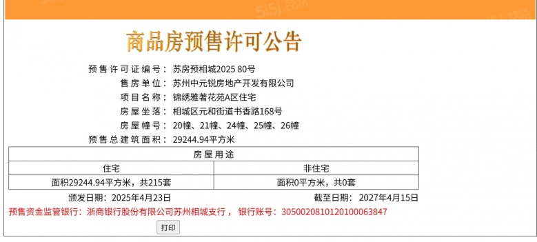 中冶国锐锦绣雅著预售许可证