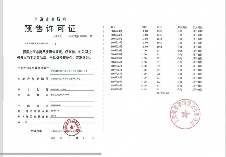 嘉佰道徐汇预售许可证